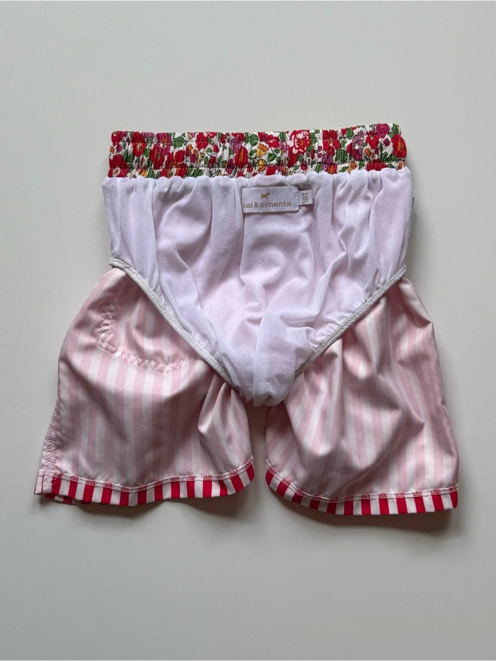 Sal & Pimenta Boys Swim Trunks - Red Stripes Liberty Floral Waistband - Size 10